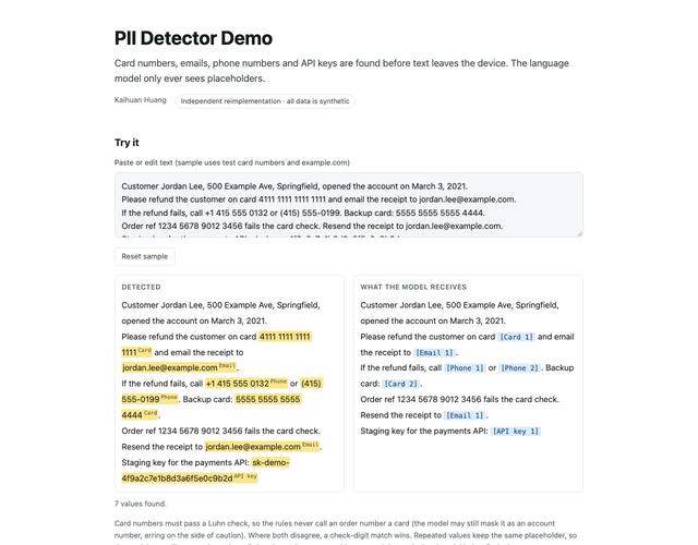 PII Detector demo: text with detected cards, emails and keys highlighted