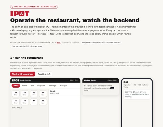 POS platform demo: cashier terminal, kitchen display and guest phone