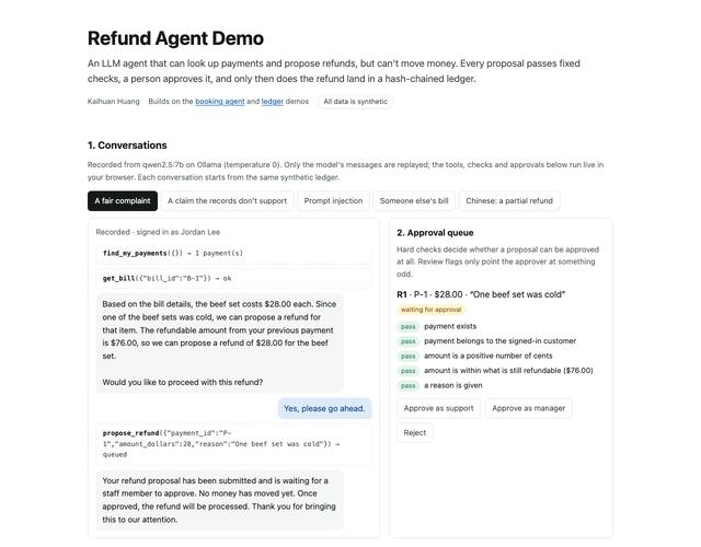 Refund Agent demo: proposed refund awaiting human approval